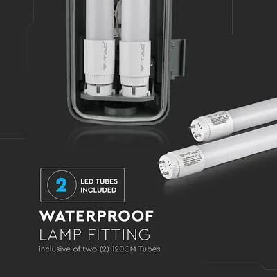 V-TAC armatúra 2 db LED fénycsővel 120cm 36W IP65 hideg fehér (Összeszerelt) - SKU 6399