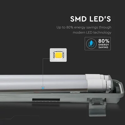 V-TAC armatúra 2 db LED fénycsővel 120cm 36W IP65 hideg fehér (Összeszerelt) - SKU 6399
