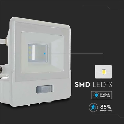 V-TAC beépített mozgásérzékelős LED reflektor 10W hideg fehér, fehér házzal - SKU 20294