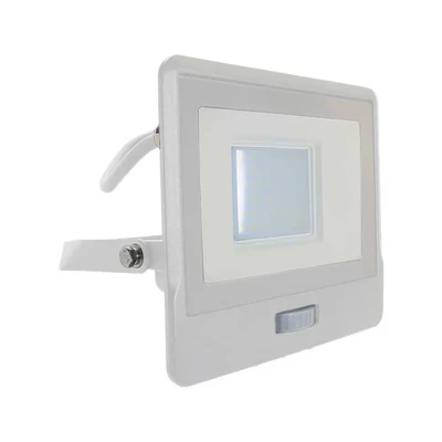 V-TAC beépített mozgásérzékelős LED reflektor 30W természetes fehér, fehér házzal - SKU 20299