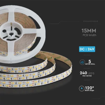 V-TAC DC24V 15mm széles CCT LED szalag, kettős PCB, SMD 2835, 240 LED/m - SKU 10554