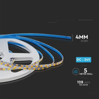 V-TAC DC24V 4mm SMD LED szalag IP20, SMD 2835 chip, 128 LED/m, meleg fehér - SKU 2906
