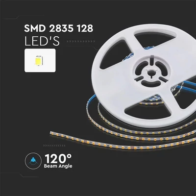 V-TAC DC24V 4mm SMD LED szalag IP20, SMD 2835 chip, 128 LED/m, meleg fehér - SKU 2906