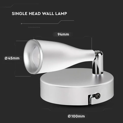 V-TAC egyfejű 4.5W beltéri fehér fali LED lámpa, meleg fehér, 90 Lm/W - SKU 218262