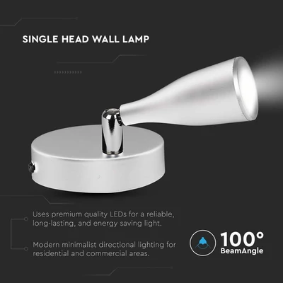 V-TAC egyfejű 4.5W beltéri fehér fali LED lámpa, meleg fehér, 90 Lm/W - SKU 218262