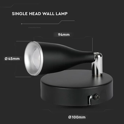 V-TAC egyfejű 4.5W beltéri fekete fali LED lámpa, meleg fehér, 90 Lm/W - SKU 218263
