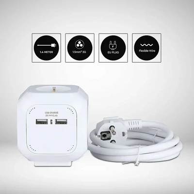 V-TAC elosztó kocka 3db aljzattal, 2db USB csatlakozó, 1.4m kábel - SKU 8800
