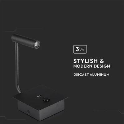 V-TAC fali LED COB olvasólámpa kapcsolóval és USB porttal fekete 3W meleg fehér - SKU 1487