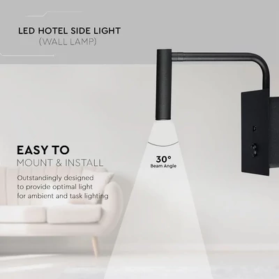 V-TAC fali LED COB olvasólámpa kapcsolóval és USB porttal fekete 3W meleg fehér - SKU 1487