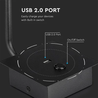 V-TAC fali LED COB olvasólámpa kapcsolóval és USB porttal fekete 3W meleg fehér - SKU 1487