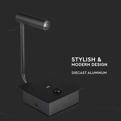 V-TAC fali LED COB olvasólámpa kapcsolóval és USB töltővel, fekete 3W meleg fehér - SKU 211487