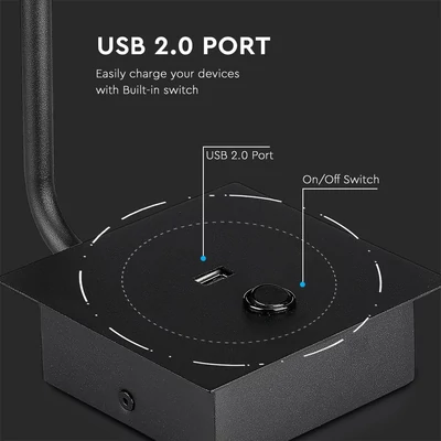 V-TAC fali LED COB olvasólámpa kapcsolóval és USB töltővel, fekete 3W meleg fehér - SKU 211487
