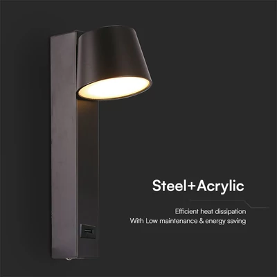 V-TAC fali LED lámpa, USB töltővel, akril fekete, meleg fehér - SKU 23406