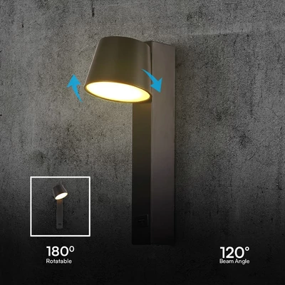 V-TAC fali LED lámpa, USB töltővel, akril fekete, meleg fehér - SKU 23406