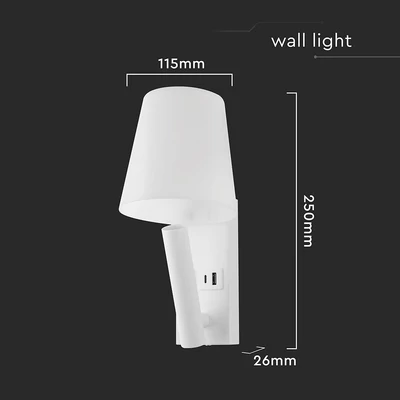V-TAC fali olvasólámpa 2W CREE LED lámpa USB töltővel, meleg fehér, fehér ház - SKU 240006
