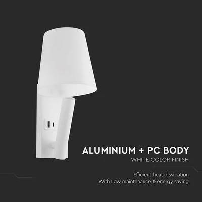 V-TAC fali olvasólámpa 2W CREE LED lámpa USB töltővel, meleg fehér, fehér ház - SKU 240006