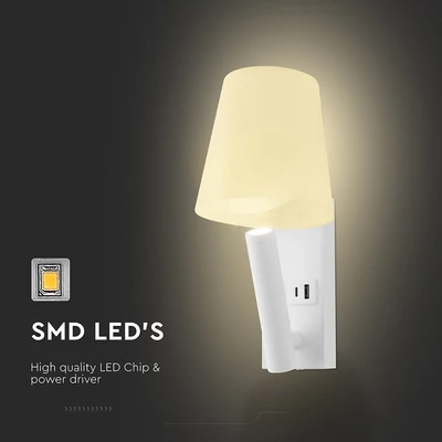 V-TAC fali olvasólámpa 2W CREE LED lámpa USB töltővel, meleg fehér, fehér ház - SKU 240006