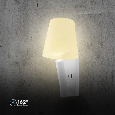 V-TAC fali olvasólámpa 2W CREE LED lámpa USB töltővel, meleg fehér, fehér ház - SKU 240006
