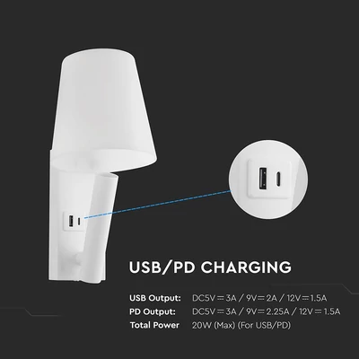 V-TAC fali olvasólámpa 2W CREE LED lámpa USB töltővel, meleg fehér, fehér ház - SKU 240006