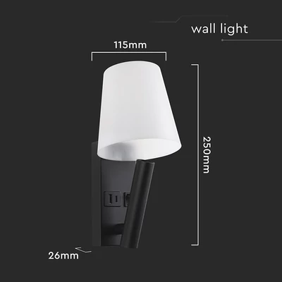 V-TAC fali olvasólámpa 2W CREE LED lámpa USB töltővel, meleg fehér, fekete ház - SKU 240016