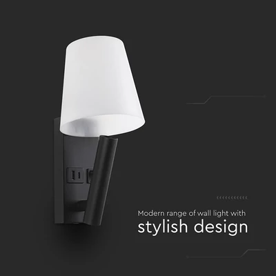 V-TAC fali olvasólámpa 2W CREE LED lámpa USB töltővel, meleg fehér, fekete ház - SKU 240016