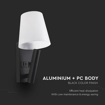 V-TAC fali olvasólámpa 2W CREE LED lámpa USB töltővel, meleg fehér, fekete ház - SKU 240016