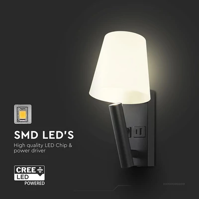 V-TAC fali olvasólámpa 2W CREE LED lámpa USB töltővel, meleg fehér, fekete ház - SKU 240016