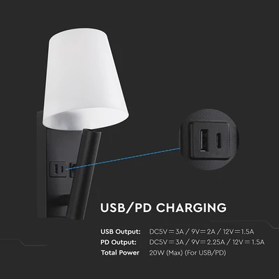 V-TAC fali olvasólámpa 2W CREE LED lámpa USB töltővel, meleg fehér, fekete ház - SKU 240016