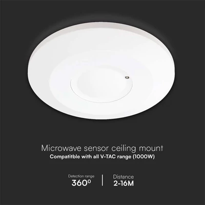 V-TAC fehér mikrohullámú szenzoros lapos mennyezeti mozgásérzékelő, 360°, IP20 - SKU 23163