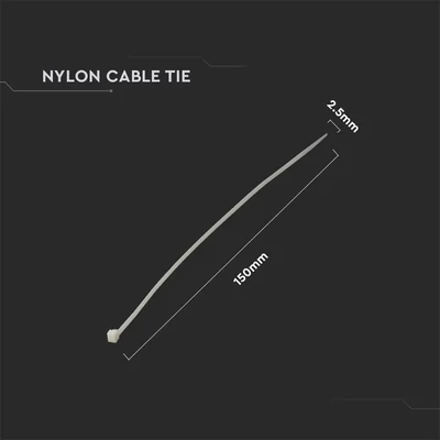 V-TAC fehér, műanyag gyorskötöző 2.5x150mm, 100db/csomag - SKU 11161