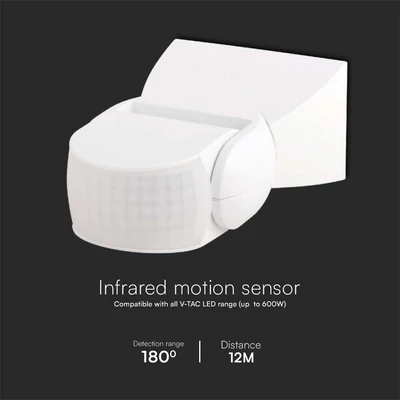 V-TAC fehér PIR fali mozgásérzékelő, 180°, IP65 - SKU 23161