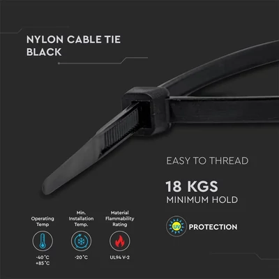 V-TAC fekete, műanyag gyorskötöző 3.5x200mm, 100db/csomag - SKU 11168