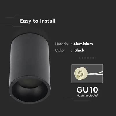 V-TAC GU10 LED falon kívüli lámpatest, fekete, tartozék GU10 foglalattal, 10,7 cm - SKU 8945