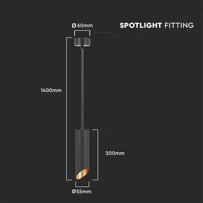V-TAC GU10 LED mennyezetre függeszthető designer lámpatest, fekete, arany belsővel, 20 cm - SKU 6684