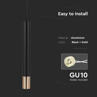V-TAC GU10 LED mennyezetre függeszthető lámpatest, fekete és arany véggel, 50 cm - SKU 6689