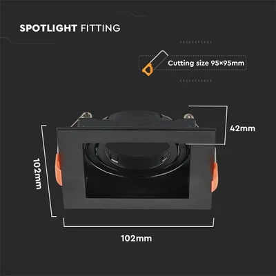 V-TAC GU10 LED műanyag spotlámpa keret, fekete billenthető szögletes lámpatest - SKU 6657