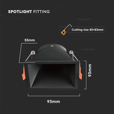 V-TAC GU10 LED műanyag spotlámpa keret, mélyített fekete szögletes fix lámpatest - SKU 6639