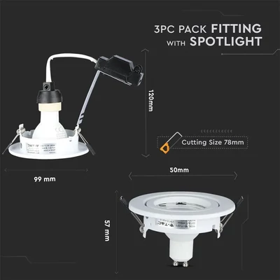 V-TAC GU10 LED spot égő fehér kerettel 3 db/csomag 5W hideg fehér 110° - SKU 8883