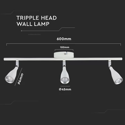 V-TAC háromfejű 13.5W beltéri fehér fali LED lámpa, meleg fehér, 90 Lm/W - SKU 218270