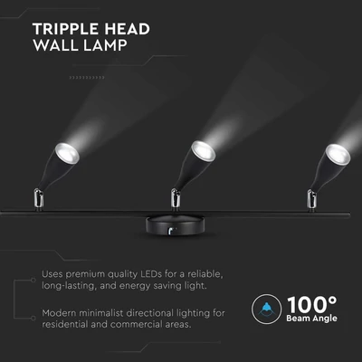 V-TAC háromfejű 13.5W beltéri fekete fali LED lámpa, meleg fehér, 90 Lm/W - SKU 218271