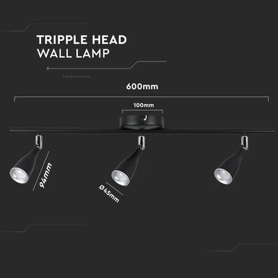 V-TAC háromfejű 13.5W beltéri fekete fali LED lámpa, természetes fehér, 90 Lm/W - SKU 218273
