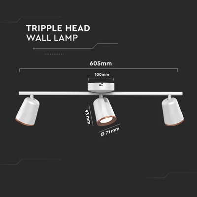 V-TAC háromfejű 15W beltéri fehér fali LED lámpa, meleg fehér, 100 Lm/W - SKU 218258