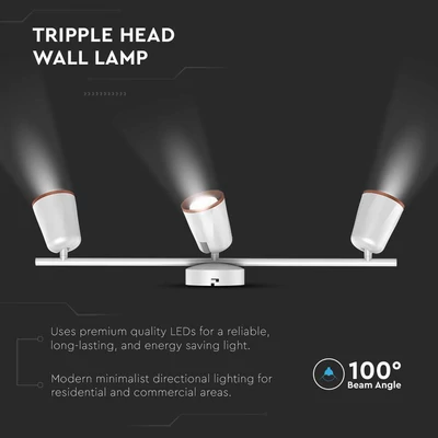 V-TAC háromfejű 15W beltéri fehér fali LED lámpa, meleg fehér, 100 Lm/W - SKU 218258
