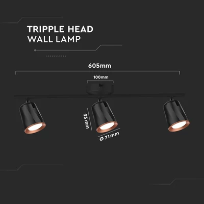 V-TAC háromfejű 15W beltéri fekete fali LED lámpa, meleg fehér, 100 Lm/W - SKU 218259