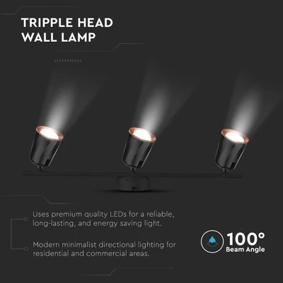 V-TAC háromfejű 15W beltéri fekete fali LED lámpa, meleg fehér, 100 Lm/W - SKU 218259