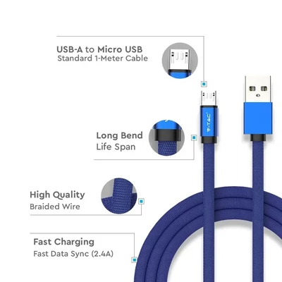 V-TAC kék, USB - Micro USB 1m hálózati kábel - SKU 8496