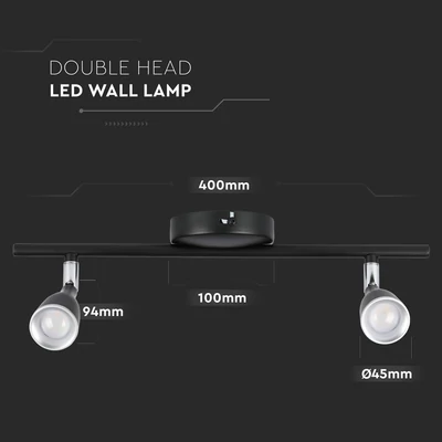 V-TAC kétfejű 9W beltéri fekete fali LED lámpa, természetes fehér, 90 Lm/W - SKU 218269