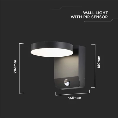V-TAC kültéri fali 17W LED lámpa, mozgásérzékelővel, kerek, fekete ház, természetes fehér - SKU 2957