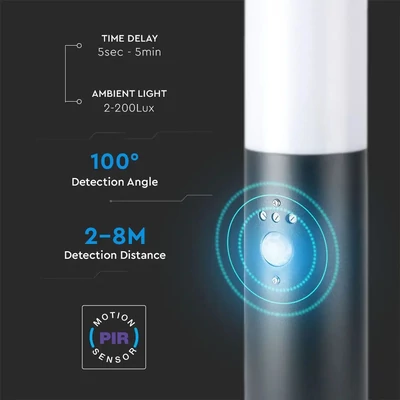 V-TAC kültéri, mozgásérzékelős antracit szürke állólámpa, 45 cm, E27 foglalattal - SKU 8965