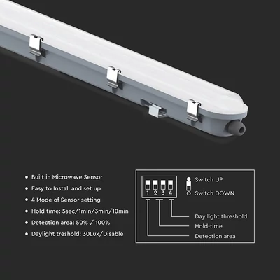 V-TAC LED lámpa 120cm 36W IP65, szenzorral, hideg fehér 120 Lm/W (M-széria) - SKU 24016